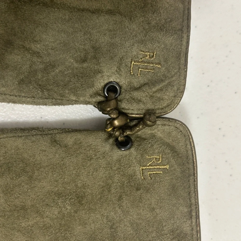 Lauren Ralph Lauren Womens Olive Green Suede Leather Fleece Lined Gloves RL Logo